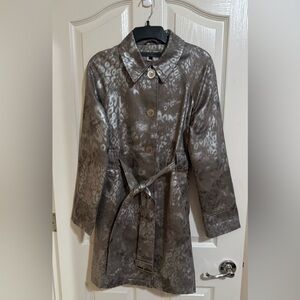 Women’s Via Spiga Metallic Animal Print Trench Coat Silver Taupe Belted Small.